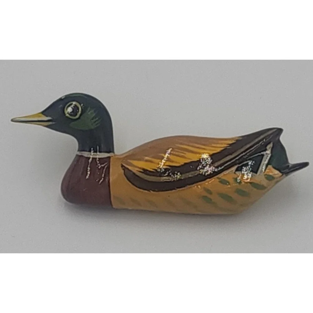 Vintage Carved Wood Hand Painted Takahashi style Mallard Duck Brooch Pin